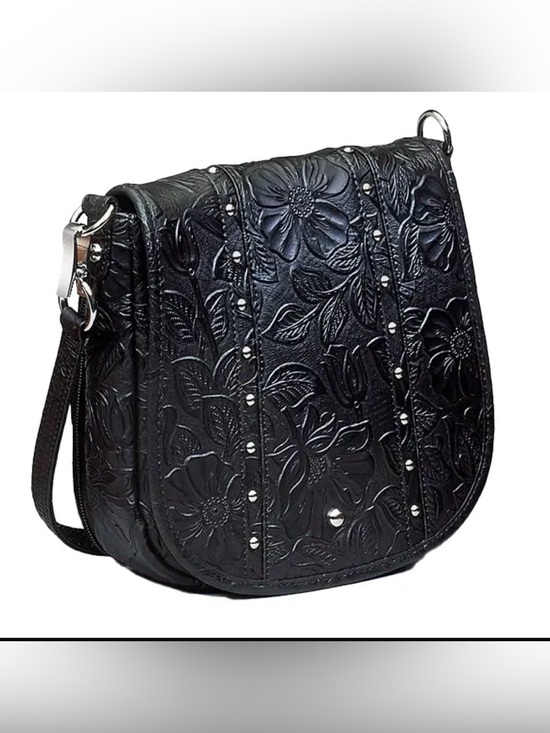 Handbags - Black Embossed Floral Concealed Weapon Crossbody Shoulder Bag
